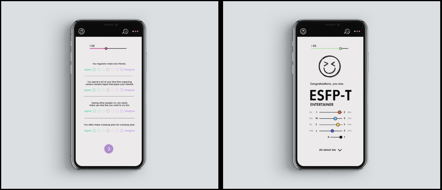 Mobile application questionnaire and ESFP-T personality-result screen