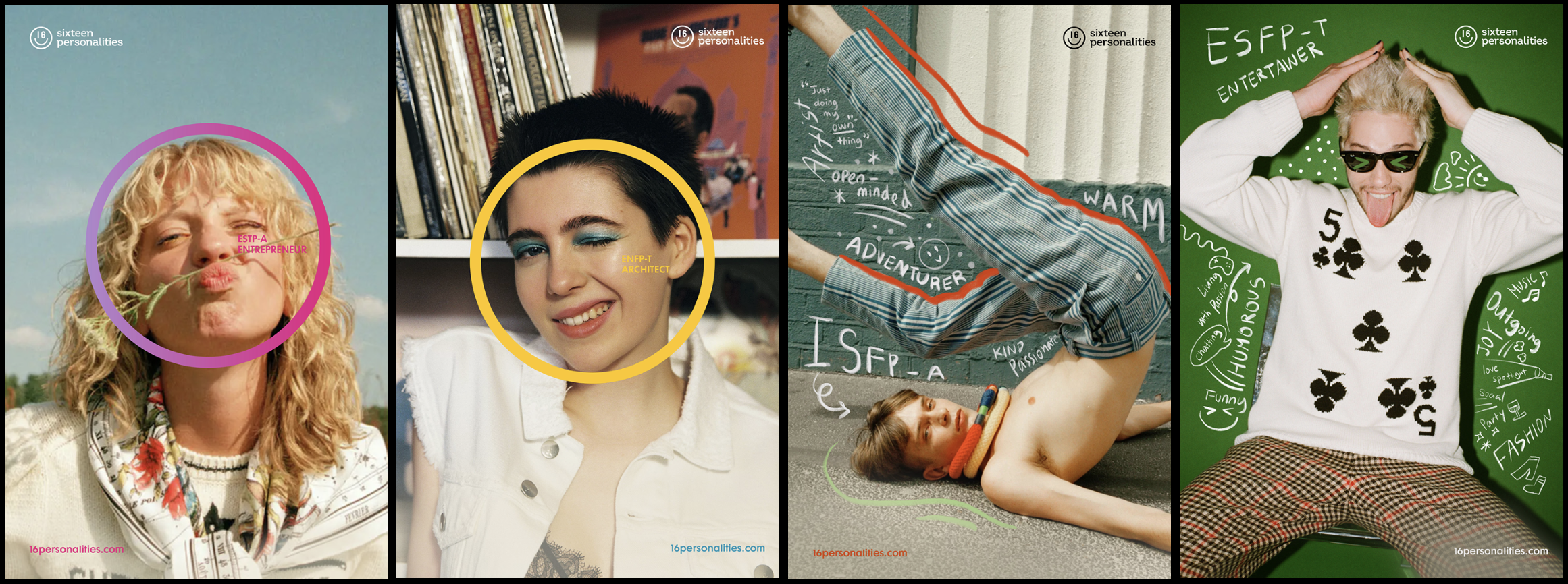 Photography-led personality posters with colorful circles and type