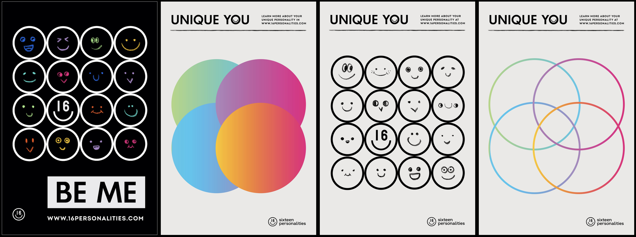 Four identity posters featuring the smiley symbol, BE ME, and UNIQUE YOU