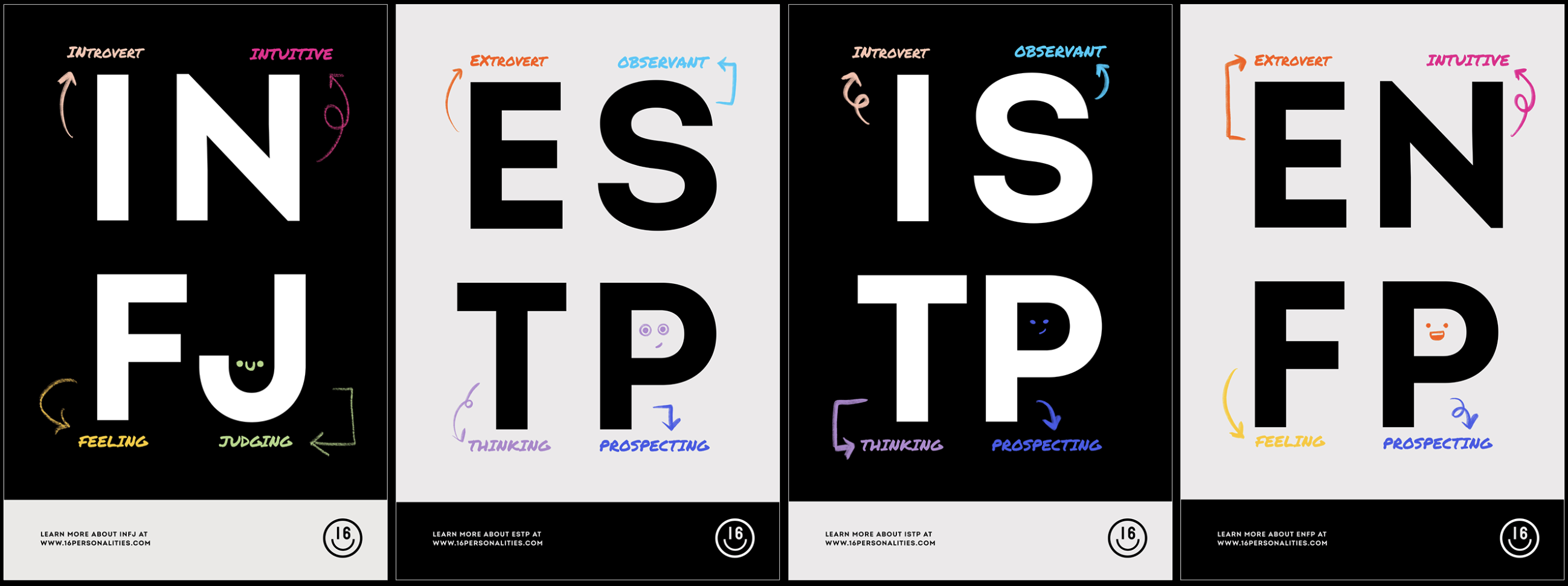 Four typographic identity posters for INFJ, ESFP, ISFJ, and ENFP