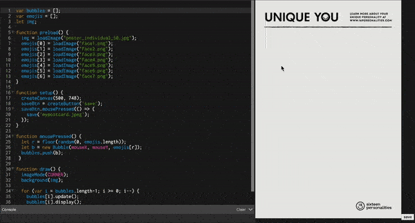 p5.js interactive UNIQUE YOU poster demo, with code and the responsive poster side by side
