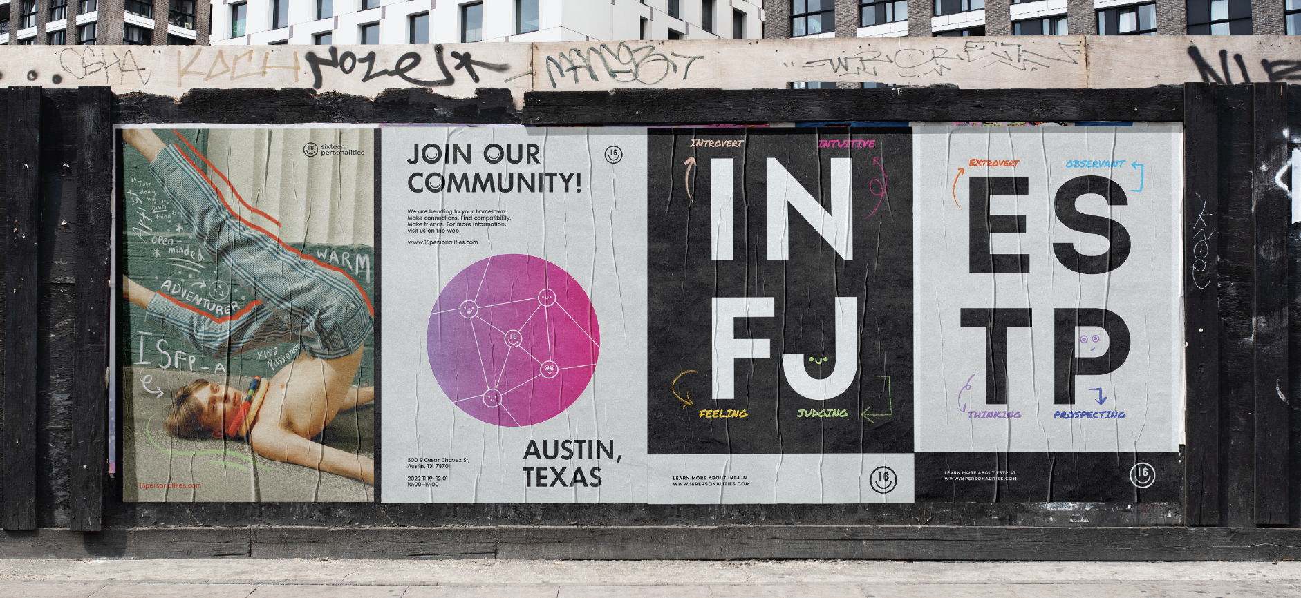 16 Personalities poster series displayed together on an urban wall