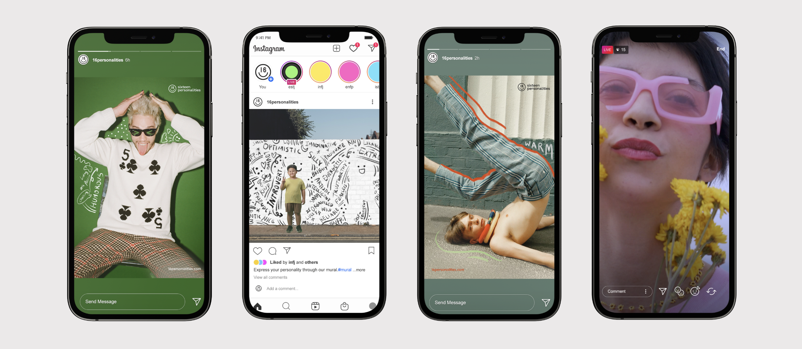 Four phones showing the 16 Personalities social media feed and stories