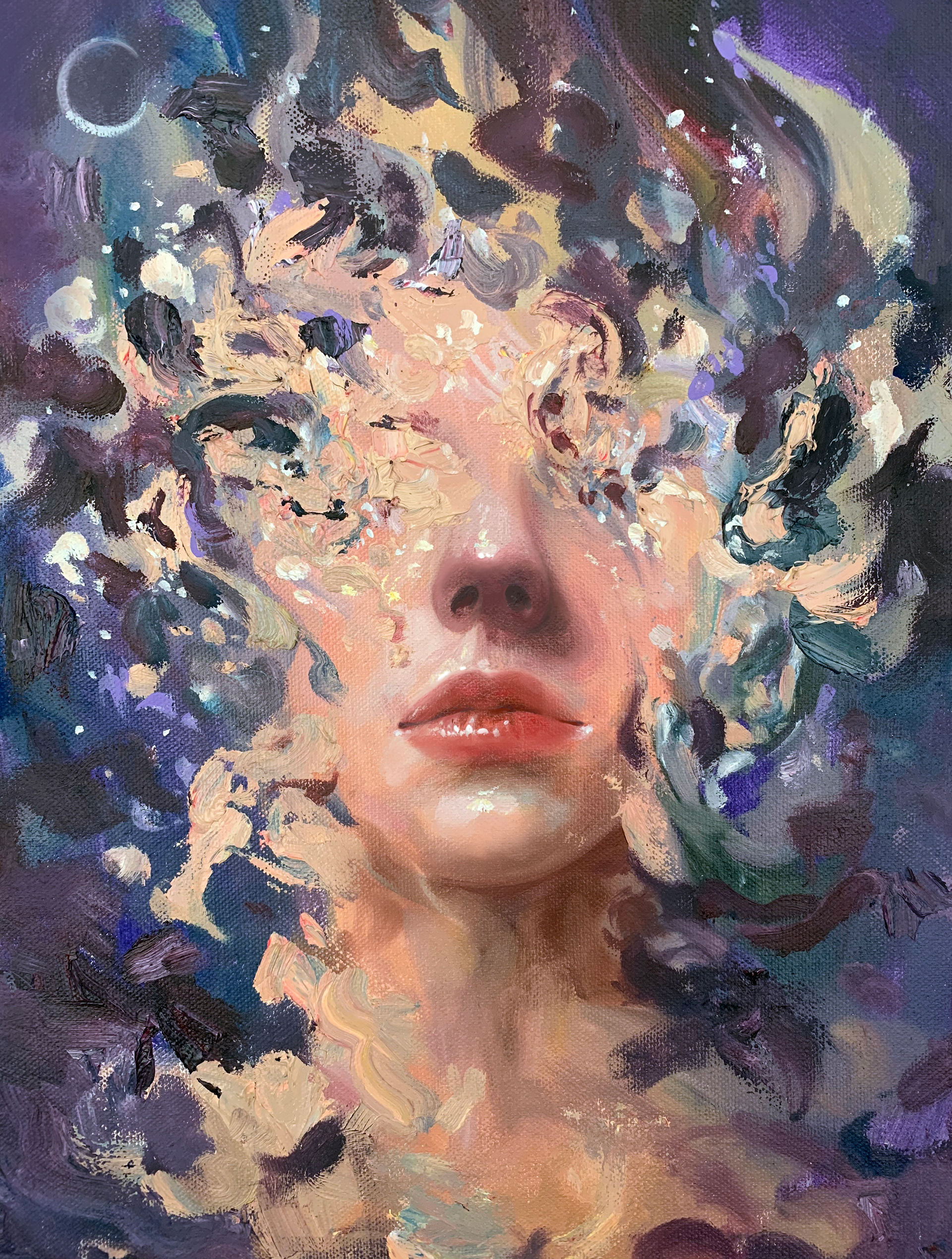 Expressive painted face surrounded by layered blue and white petals