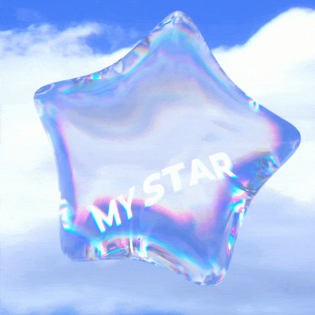 Animated iridescent star balloon floating among white clouds