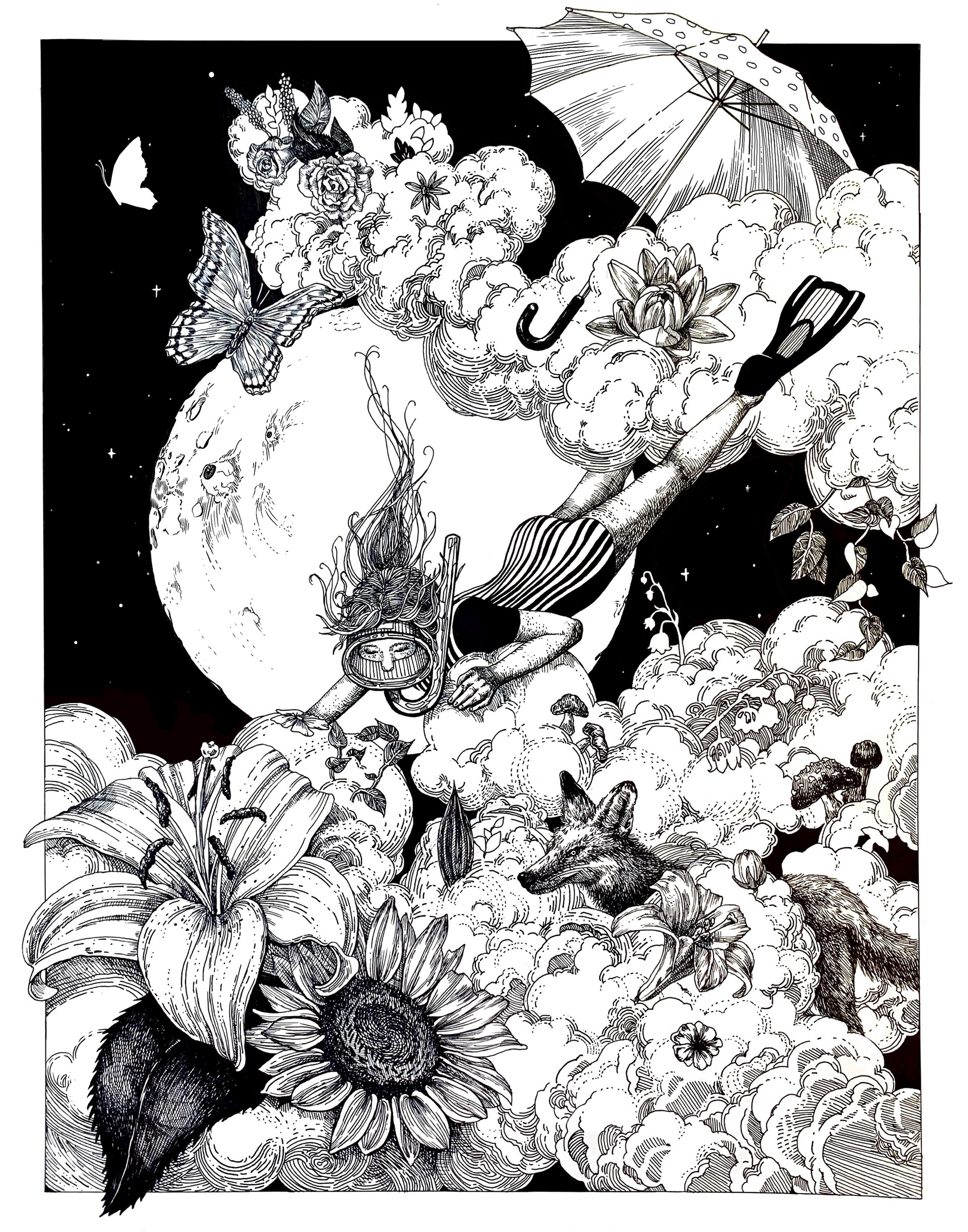 Detailed black-and-white fantasy illustration with flowers, a moon, and winged figures