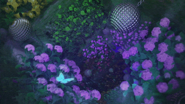 Looping 3D garden of purple flowers, green leaves, and mirrored disco balls