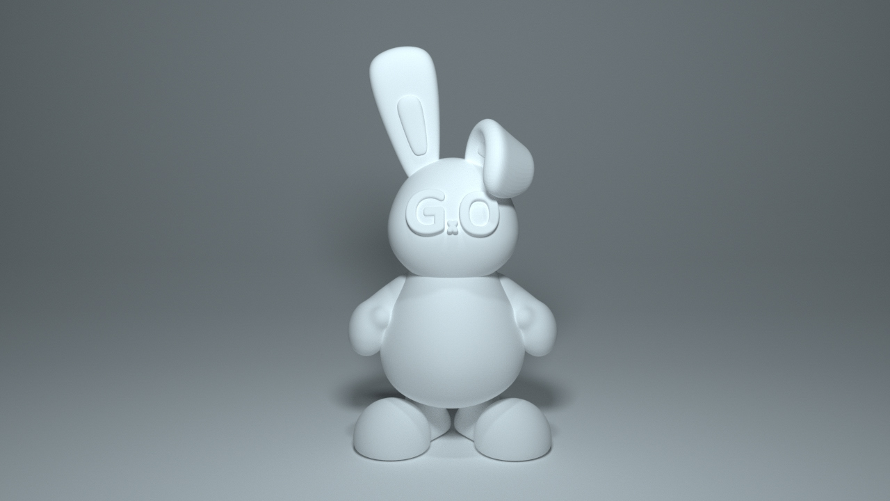 White G:O rabbit art toy on a gray studio background