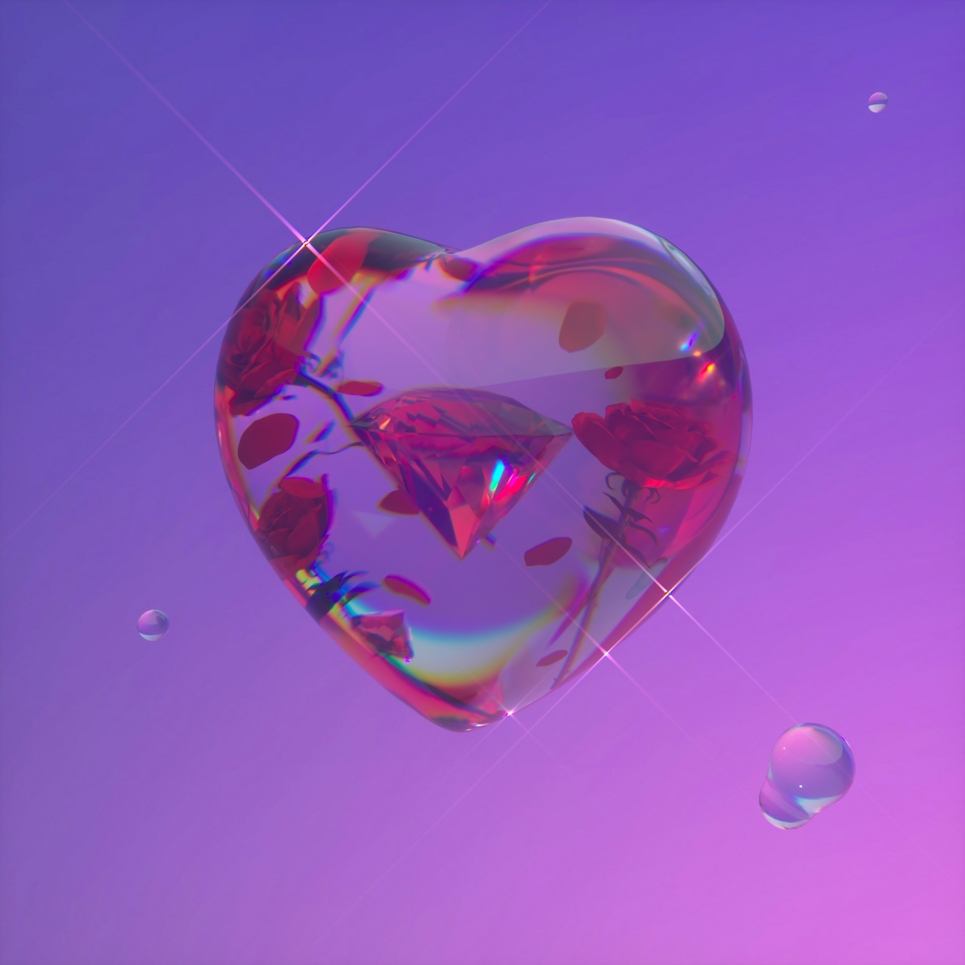 Faceted ruby-colored glass heart floating on a purple and pink background