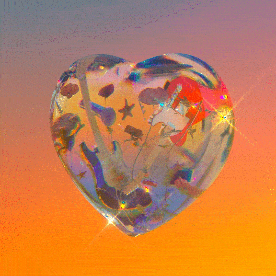 Animated glass heart with colorful guitar and star motifs inside