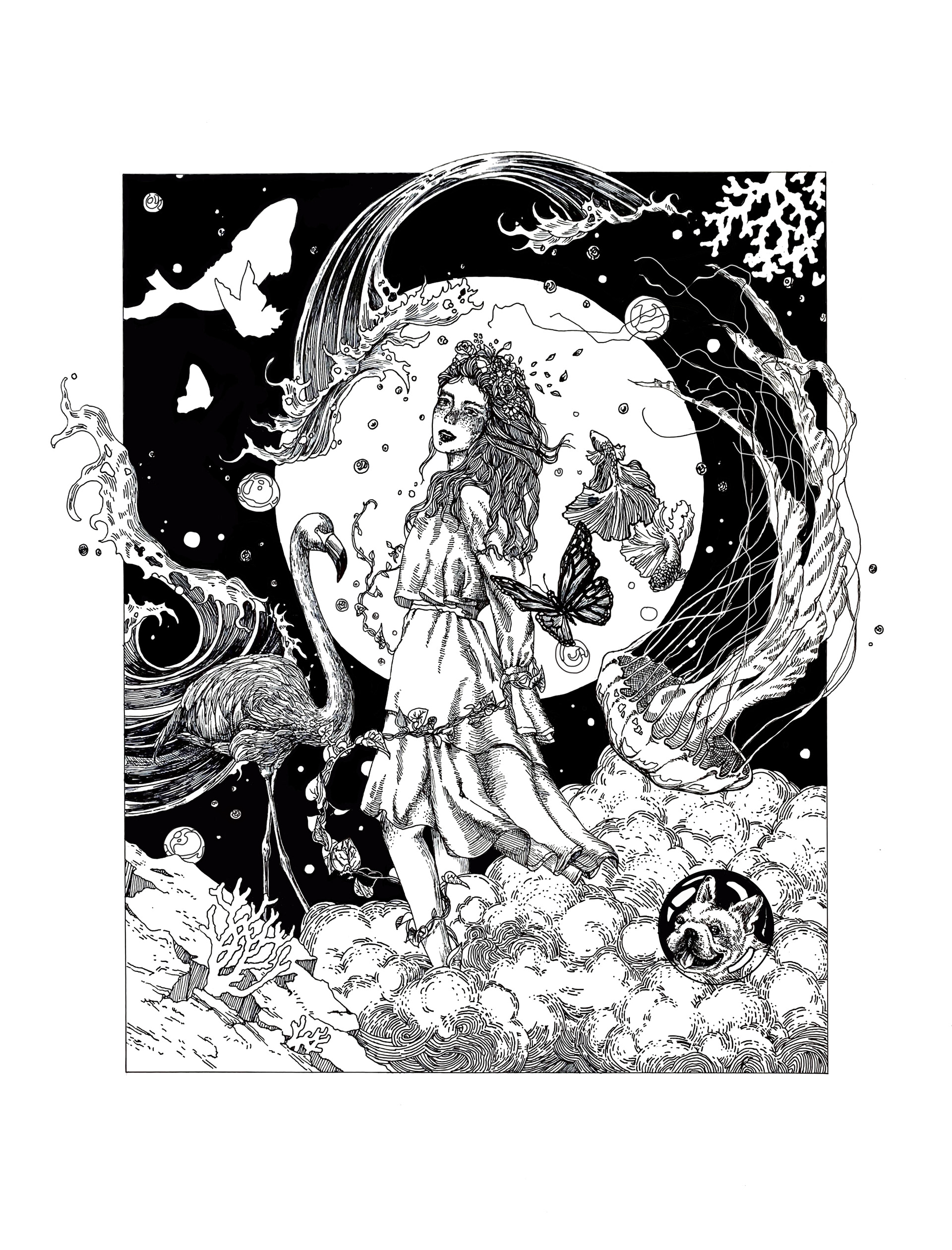 Black-and-white fantasy illustration framed by a crescent moon and flowing waves
