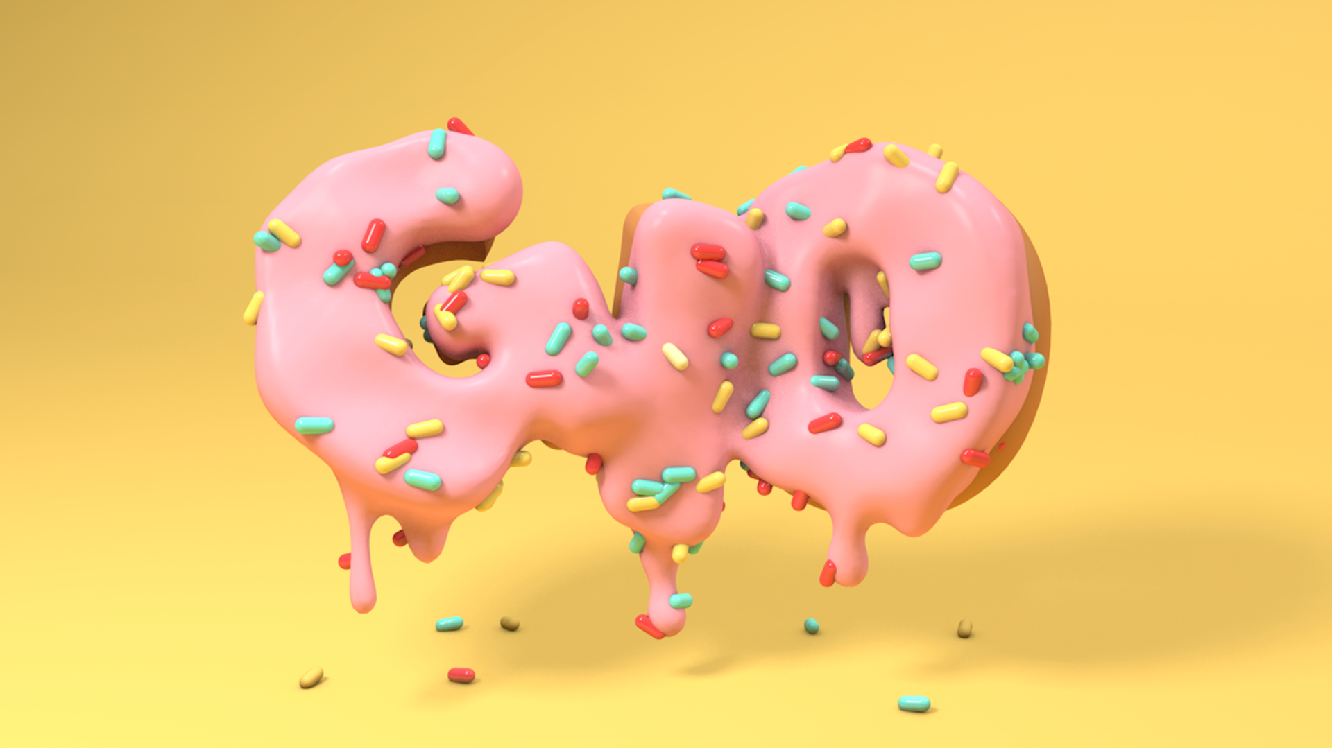 Pink frosted G:O lettering with colorful sprinkles on a yellow background